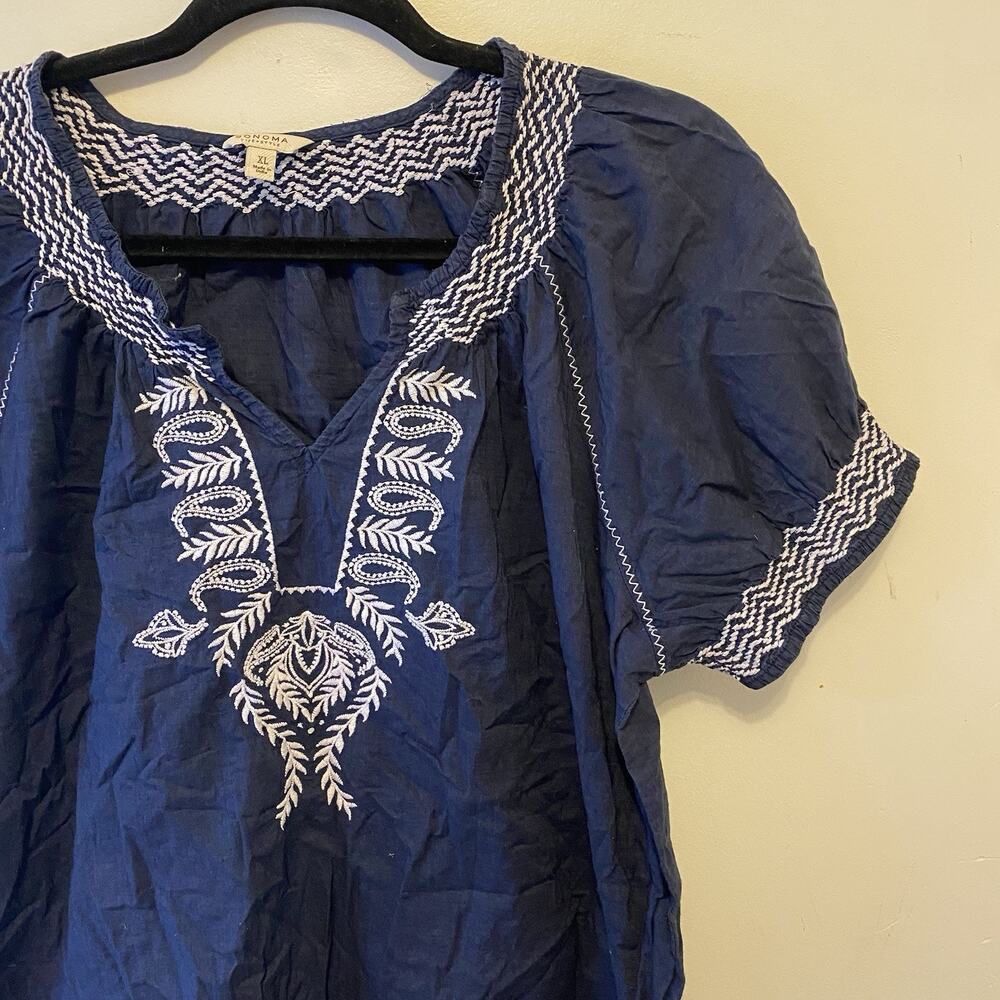 Sonoma Women XL Navy Blue Embroidered Cotton Casual Top Summer Coastal Beach - Picture 6 of 7